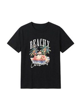 NWOT | "Beachy Christmas" Graphic T-Shirt | Tropical Santa | Black | XL